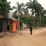 three houses, palm trees, and a person in the center